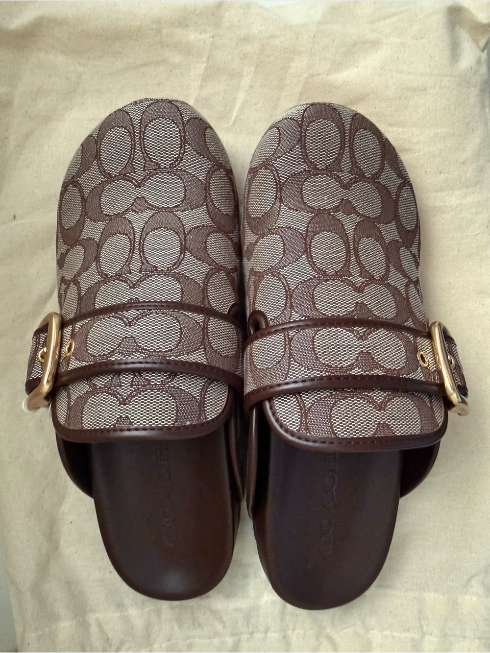 Coach Brown Signature Monogram Slip-On Slides with Gold Buckles Size 8 NWOT